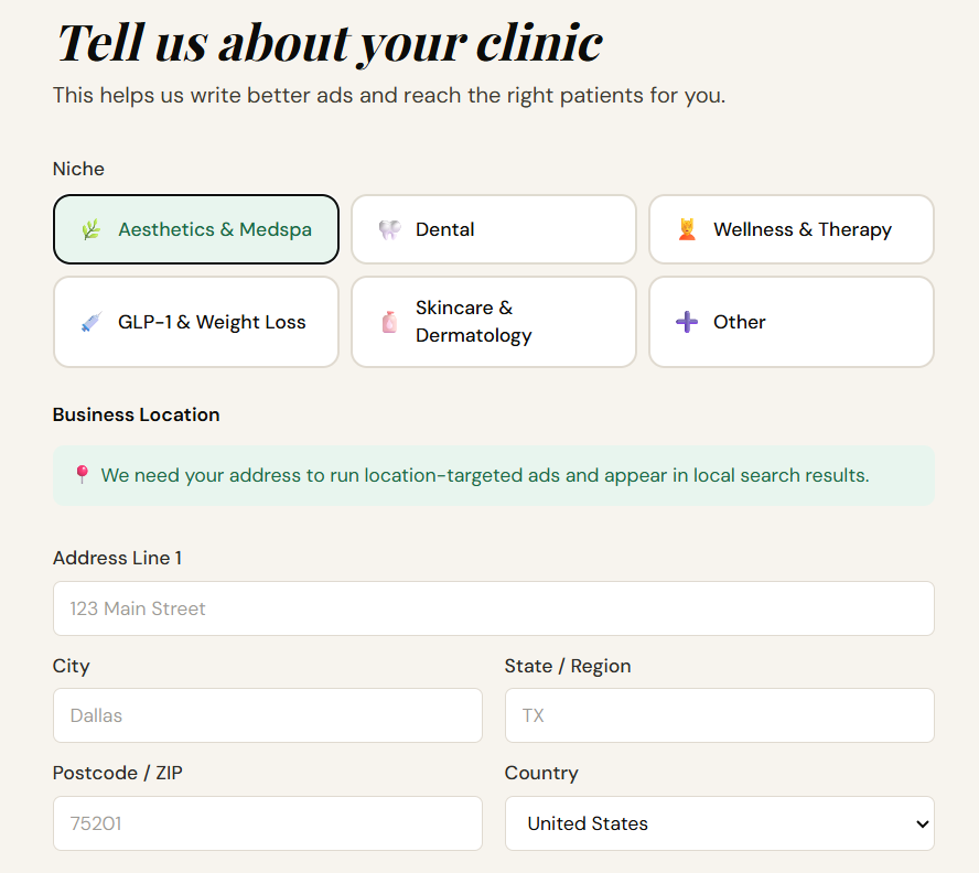 Tin Marketer onboarding screen asking the clinic to select its niche from options including Aesthetics & Medspa, Dental, Wellness & Therapy, GLP-1 & Weight Loss, and Skincare, followed by a business location form