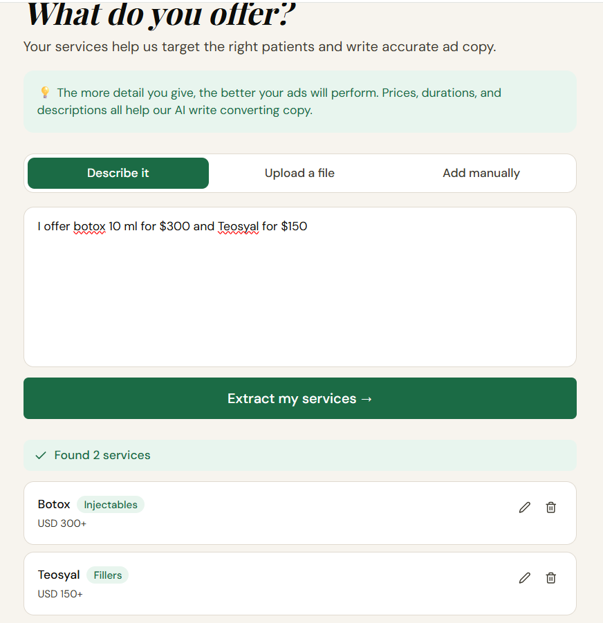 Tin Marketer onboarding screen showing free-text service description converted into structured service records for Botox and Teosyal, each with category, price, and an edit/delete action