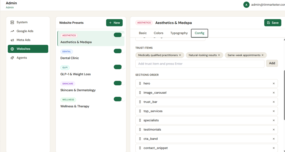 Tin Marketer admin config panel showing website presets per niche (Aesthetics, Dental, GLP-1, Skincare, Wellness), trust items, and a draggable sections order list: hero, image carousel, trust bar, top services, specialists, testimonials, CTA band, contact snippet